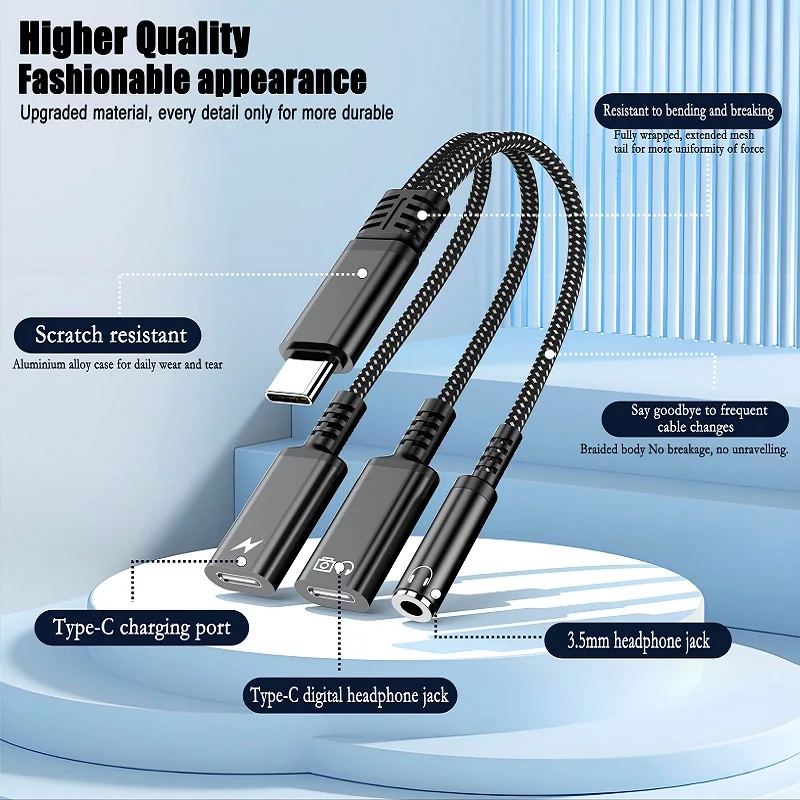 3 in 1 PD 60W USB C to 듀얼 타입 C 3.5mm AUX 오디오 어댑터 고속 충전 헤드폰 동글 (아이폰 16, 삼성 케이블 보호 기능 포함)