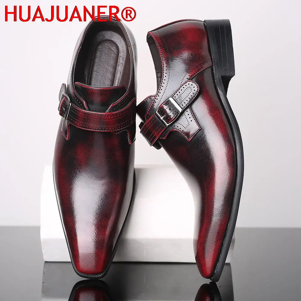 Men's Fashion Vintage Buckle Derby Shoes Men Leather Dress Shoes Wedding Party Mens Business Office Oxfords Slip-On Flats