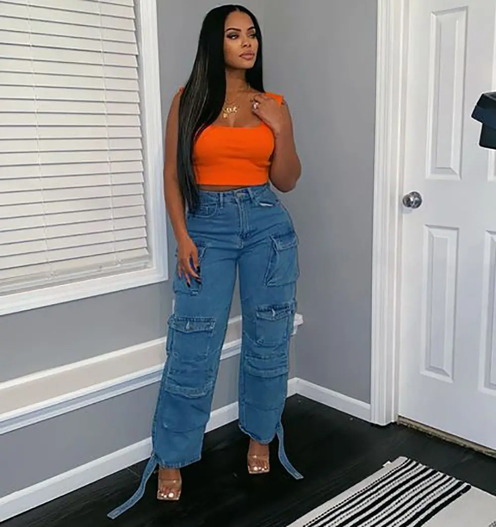 

Blue Casual Pocket Denim Cargo Pants Women High Waisted Button Wide Leg Jeans Y2K Fashion Female Streetwear Clothing