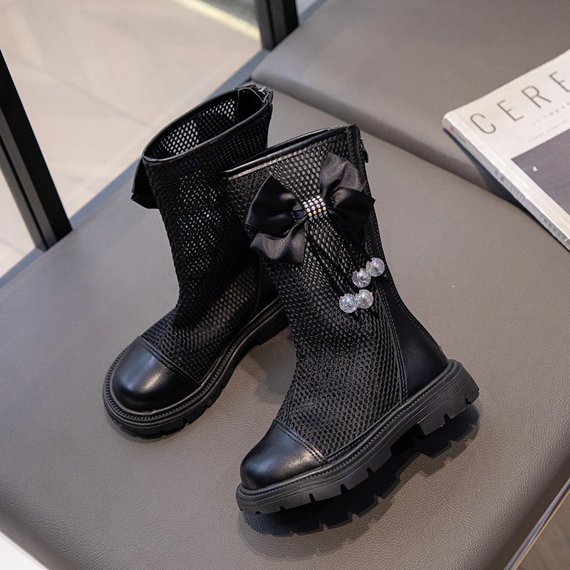 여아용 여름 샌들, 하이탑 메쉬 그물 신발, 통기성 컷아웃, 활 매듭 펜던트, 공주 달콤한 어린이 검투사