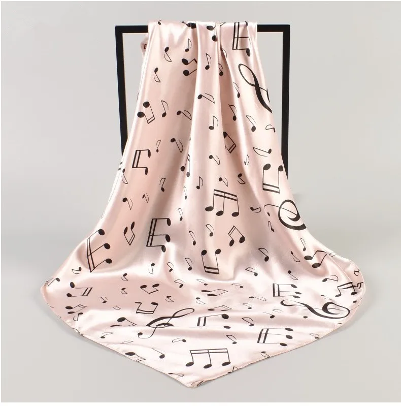 Weißer quadratischer Seidenschal mit Musikmuster für Damen, bedruckte Schals, Satin-Tuch, Hijab, Kopftuch, Bandana, Foulard, Halstuch – Detail 10