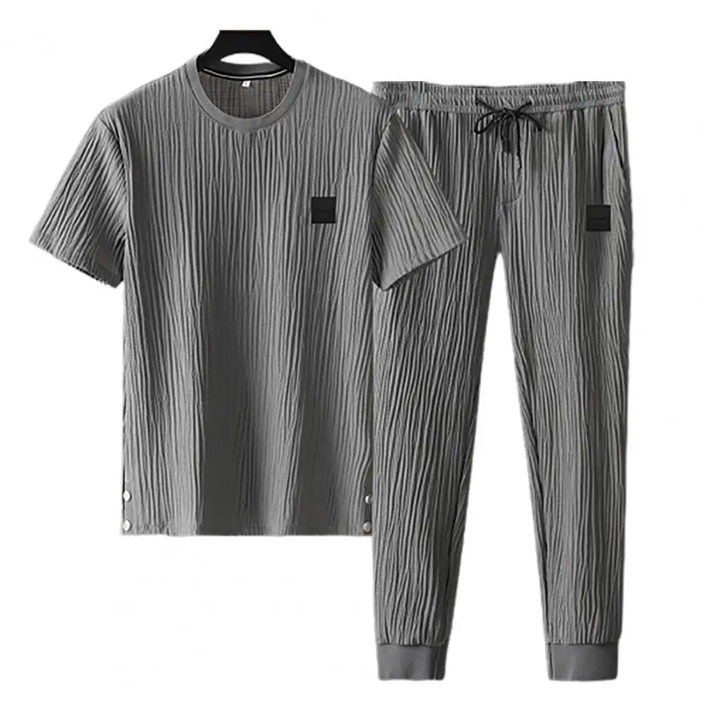 

Men Sports Suit Men's Pleated Tracksuit Set Summer Soft Breathable Shirt Pants Two-piece Casual Sports Suit for Daily Wear High