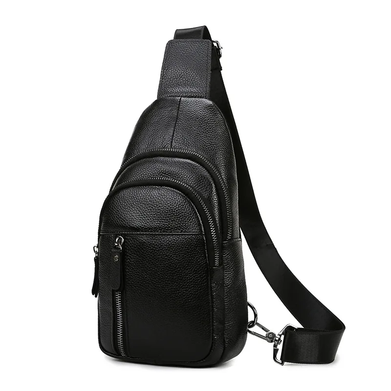 Men's Top Grain Leather Chest Crossbody Bag Fashion Casual Shoulder Bag Multi Functional Phone Pouch