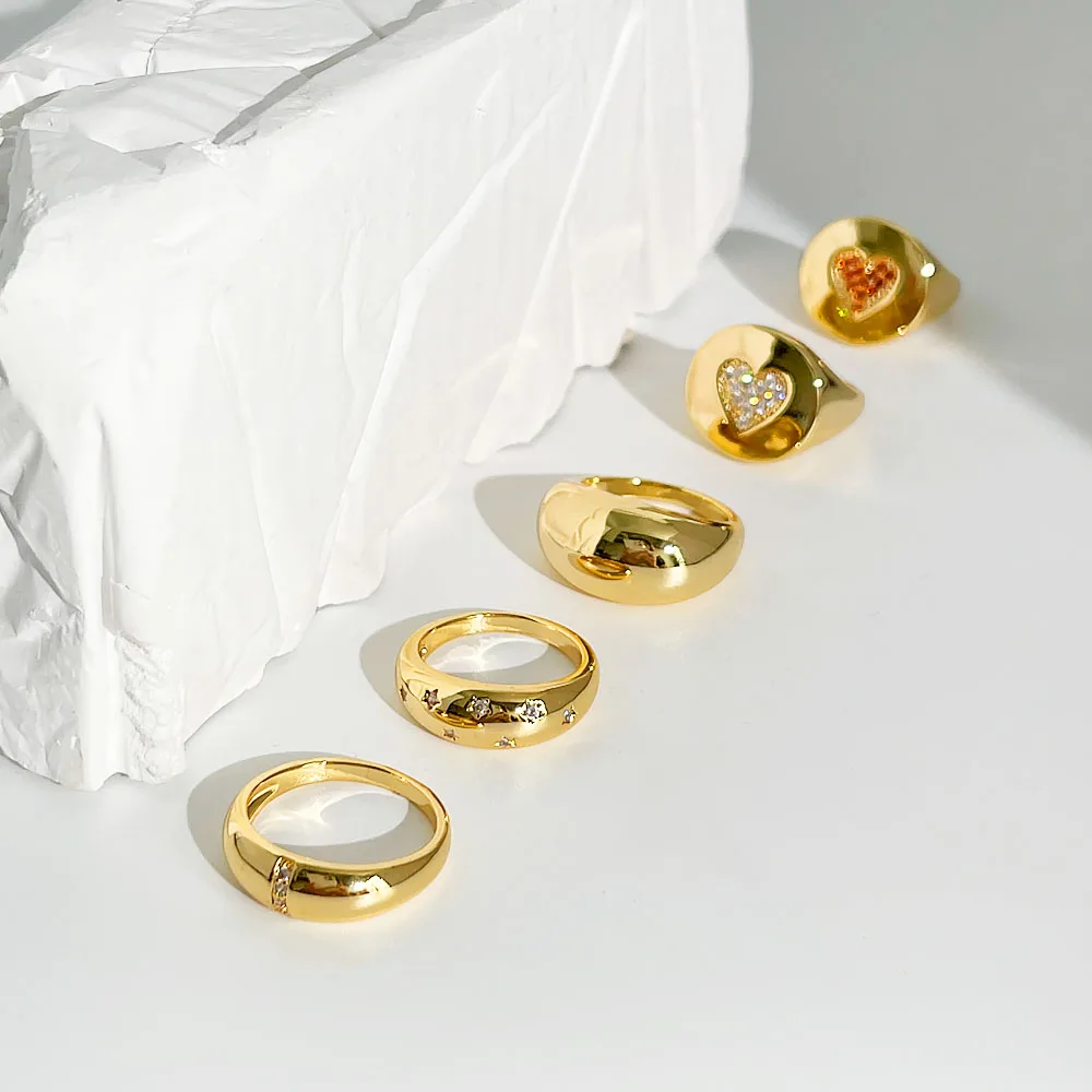 Peri'sBox Gold Color Brass Jewellery Minimalist Chunky Ring Sets Women Classsic Heart Geometric Micro Zircon Rings
