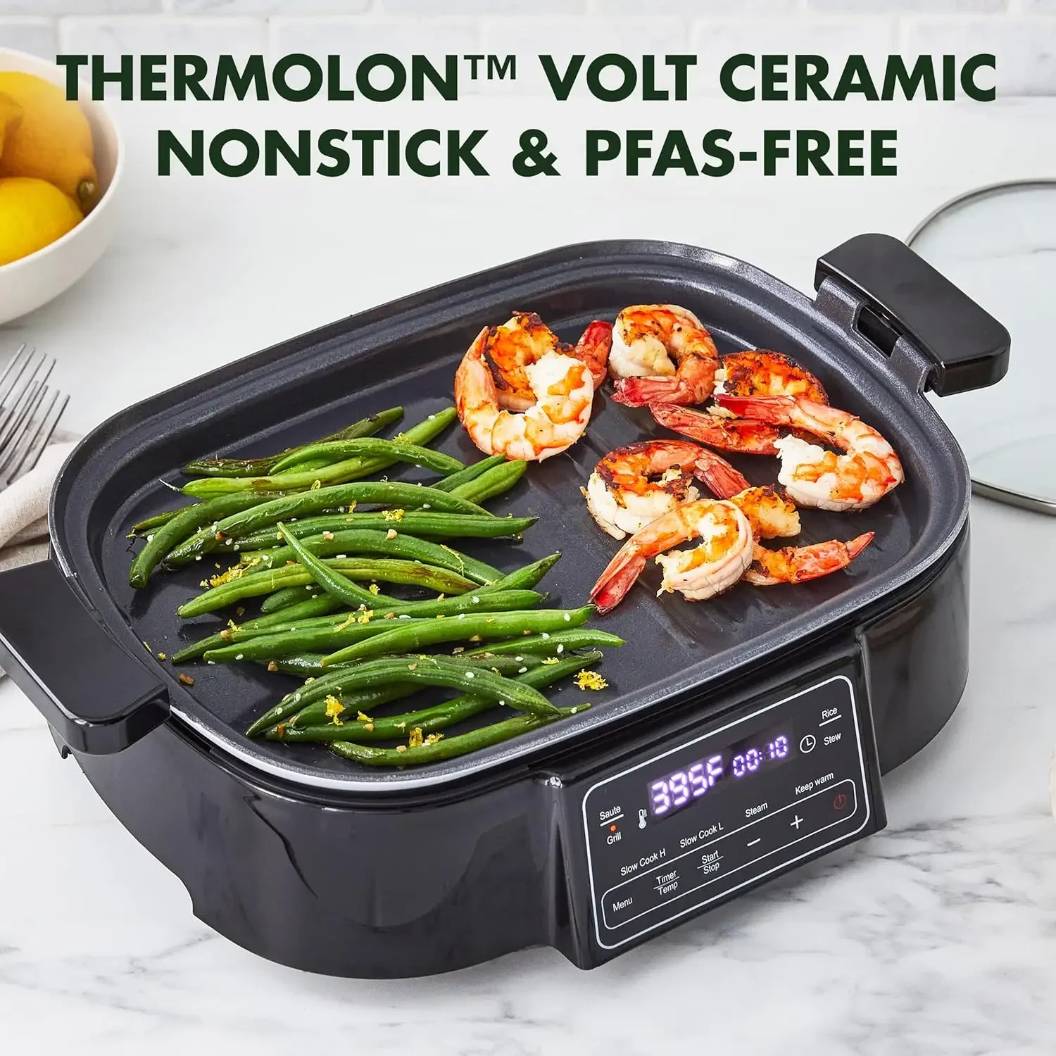 Stainless Steel 8-in-1 Skillet Grill & Slow Cooker, Presets to Saute Steam Stir-Fry and Cook Rice, Healthy Ceramic Nonstick and 3