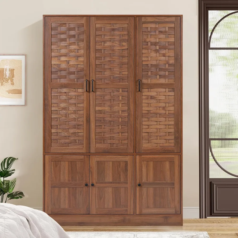 Wardrobe Closet with 6 Woven Doors, Walnut Armoire Wardrobe Cabinet for High Storage Capacity with Hanging Children's Wardrobes 6