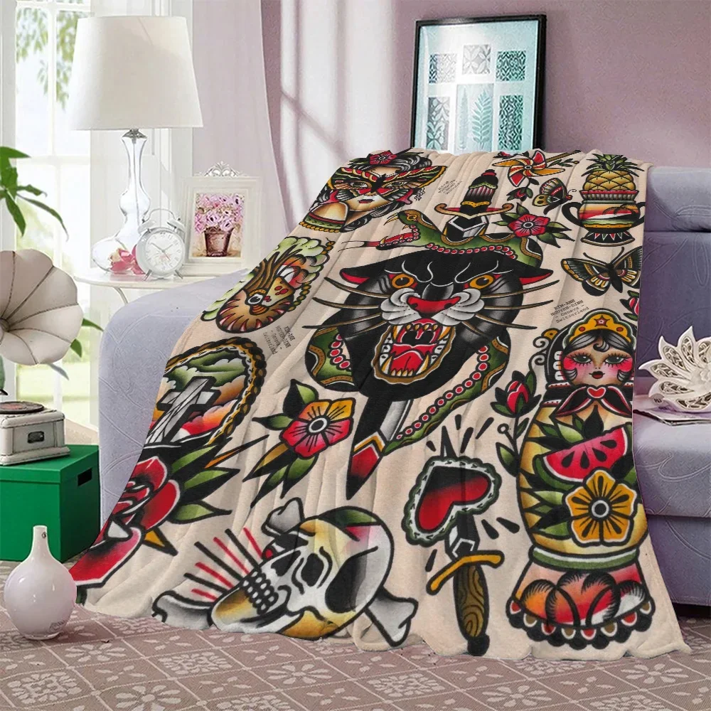 New School Tattoo Thermal Blankets for Bed Blanket 150cm X 200cm Microfiber Bedding Fluffy Soft Blankets Sofa Decoration Throw & 2