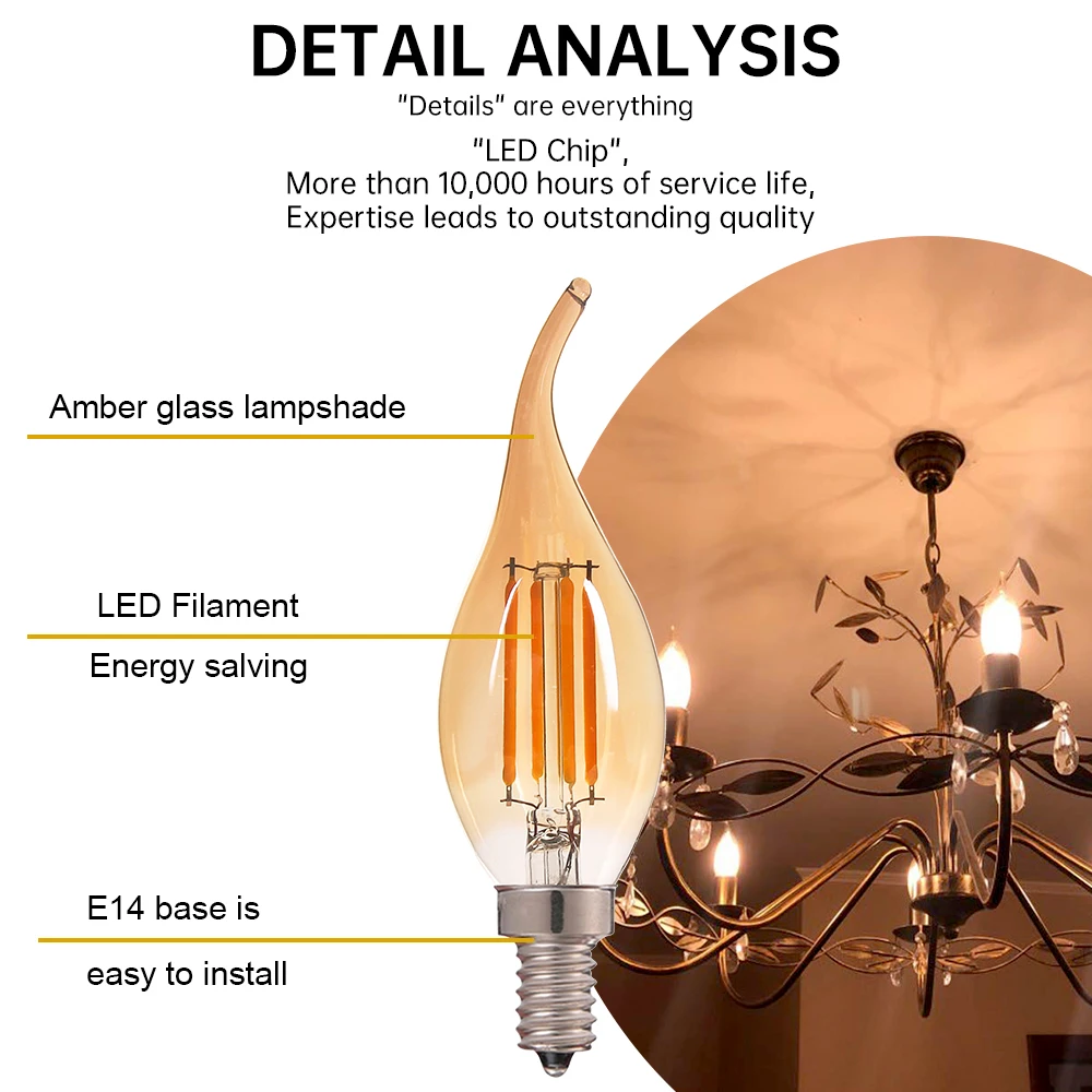 LED Filament Bulb 4W Edison C35 E14 E12 2700K Warm White Retro Amber Glass Light Bulbs 220V 110V Incandescent Replacement Lights - Image 3