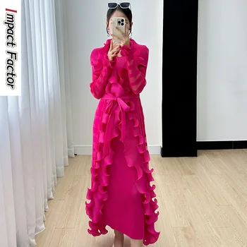 Miyake Women's Dress Women's Fall 2024 New Ruffle Edge Solid Color Versatile Elegant Tank Top Dress Pleated Windbreaker 1