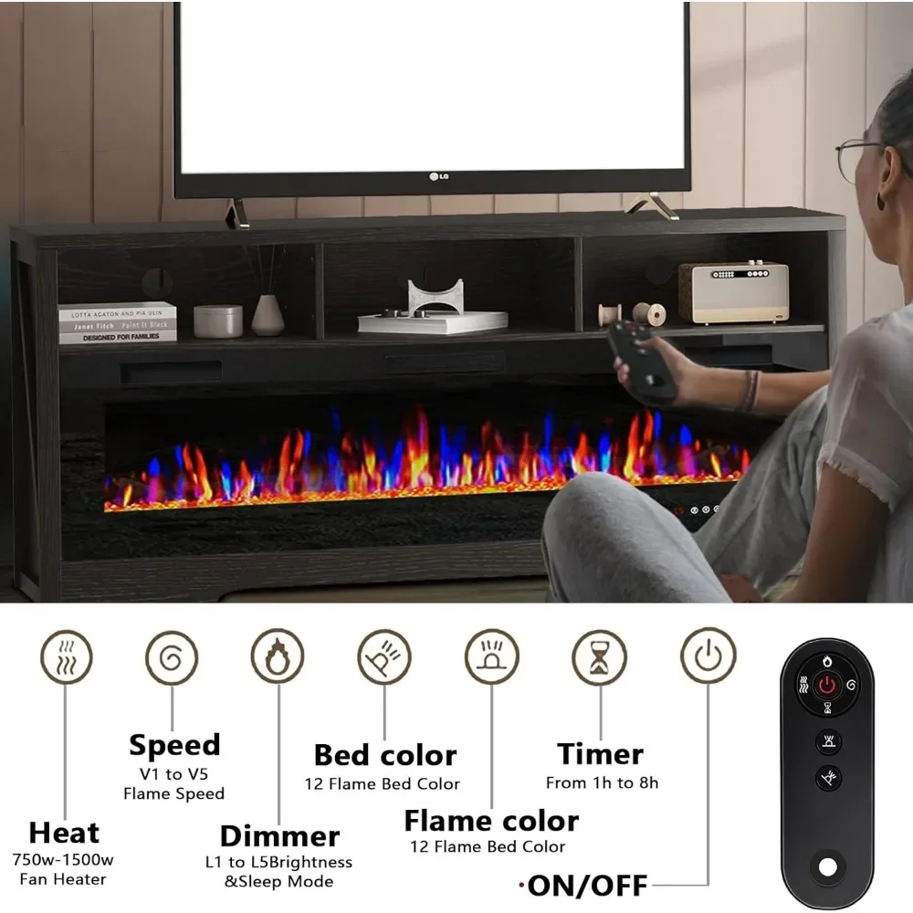 Fireplace TV Stand for TVs Up to 75" TV with 60" Electric Fireplace,Center with Open Shelve Storage,65 inch TV Stand 5