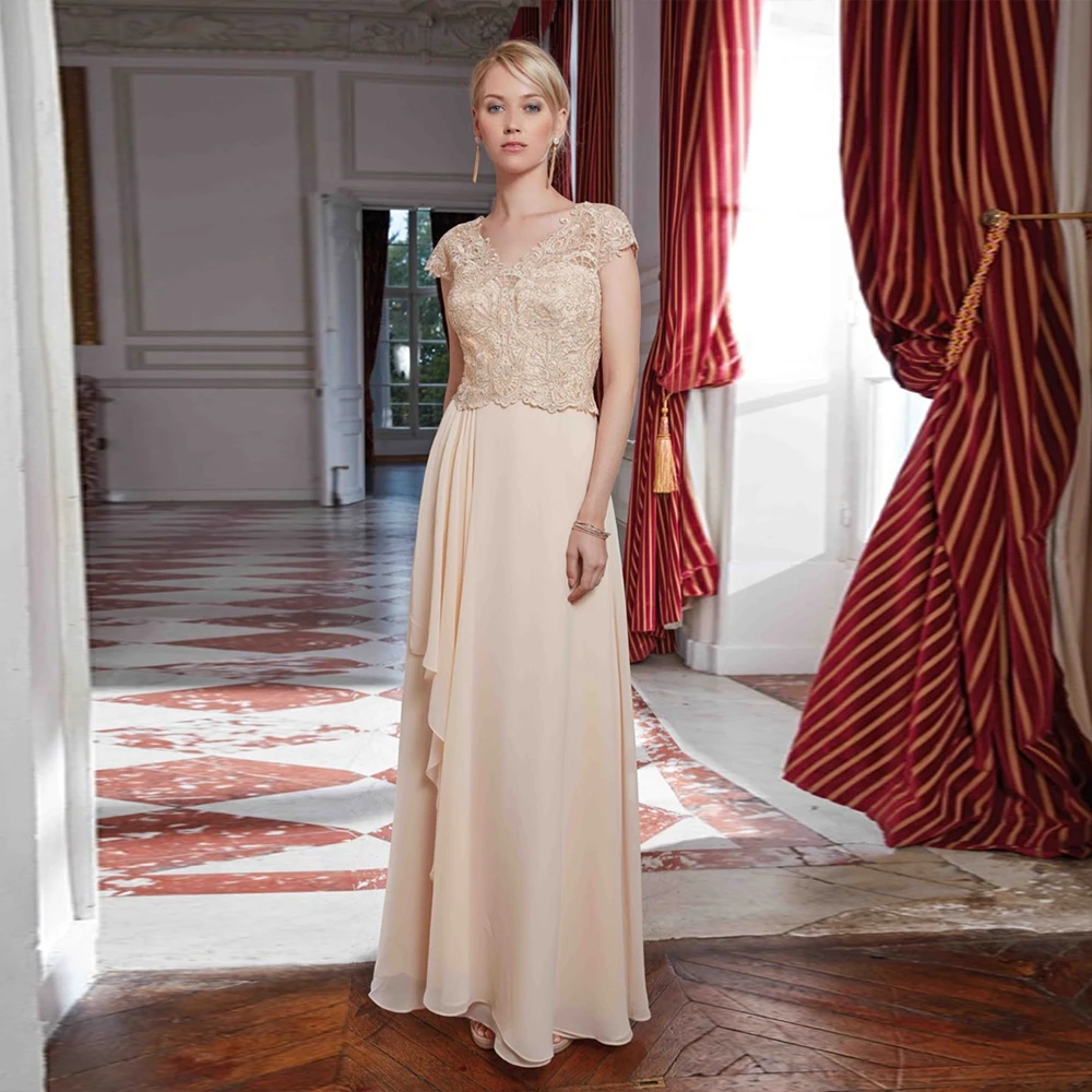 

Elegant Mother Of The Bride Dresses V Neck Cap Sleeves Wedding Party Dress Appliques Chiffon A-Line Floor Length فساتين السهرة