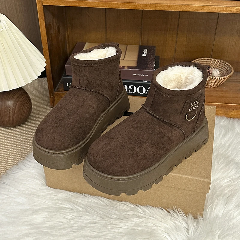 Women's Winter Fleece-Lined Short Boots, Fashionable Slip-On Thickened Warm Outdoor Short Boots, Solid Color Round-Toe Platform Shoes with Cloth Insoles and Pvc Soles, Winter Fashionable Warm Slip-On Short Boots, Cotton Shoes, Women's Snow Boots