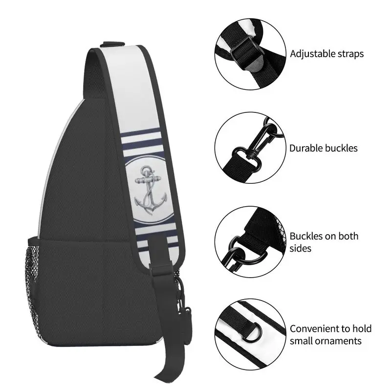 Navy Blue Stripes Nautical Anchor Sling Crossbody Chest Bag Men Fashion Shoulder Backpack for Camping Biking