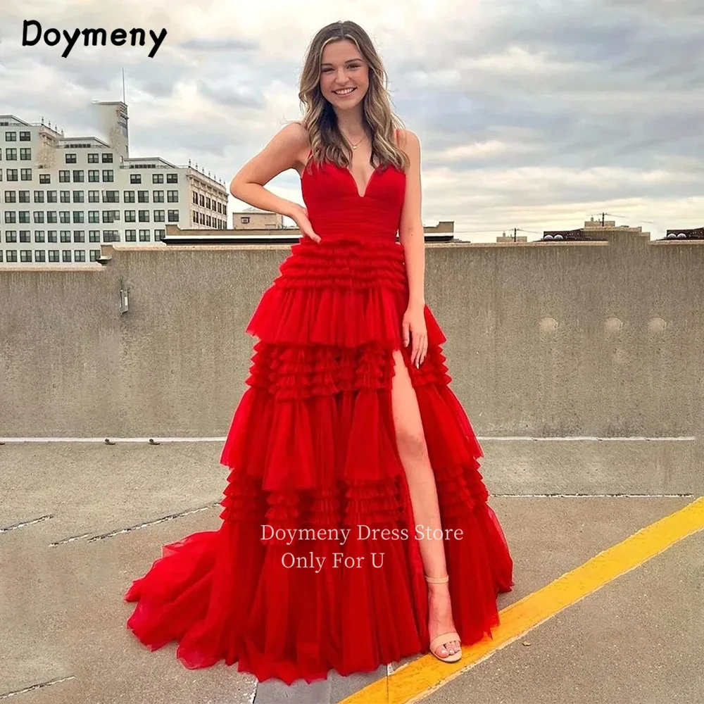 

Doymeny Spaghetti Straps Evening Dresses Tiered Layered Tulle Long Prom Dress robes de soirée Custom Made