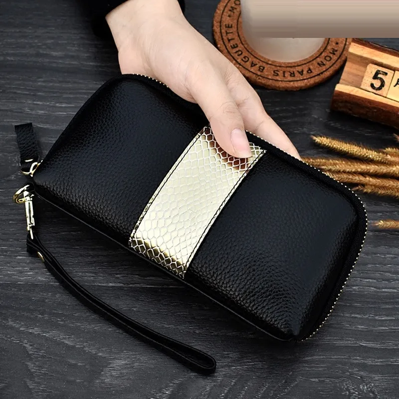 

NIGEDU ladies genuine leather clutch purses panelled Long Women Wallet Zipper wrist bag female Coin Purse Mobile phone bag bolsa