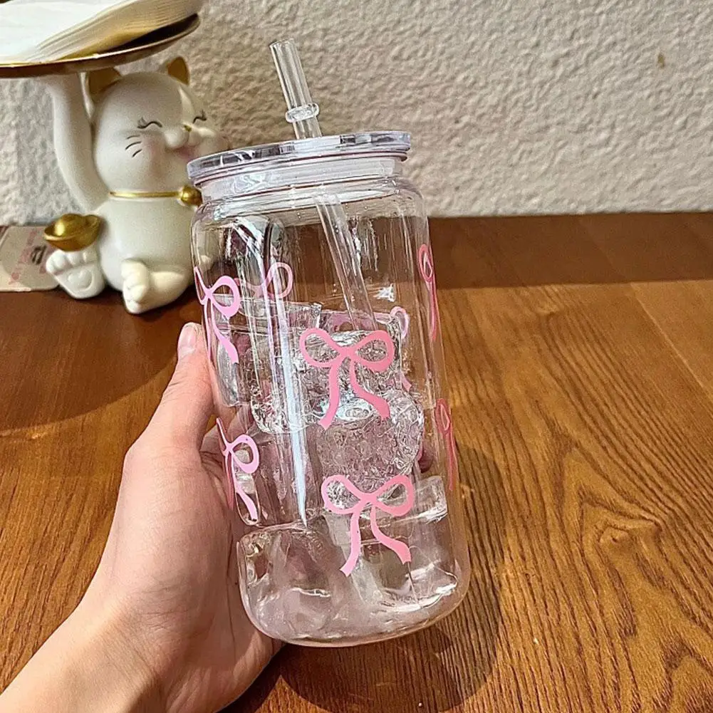 Charming Bow Glass Tumbler with Lid and Straw - Perfect for Iced Coffee, Juice, and Gifts