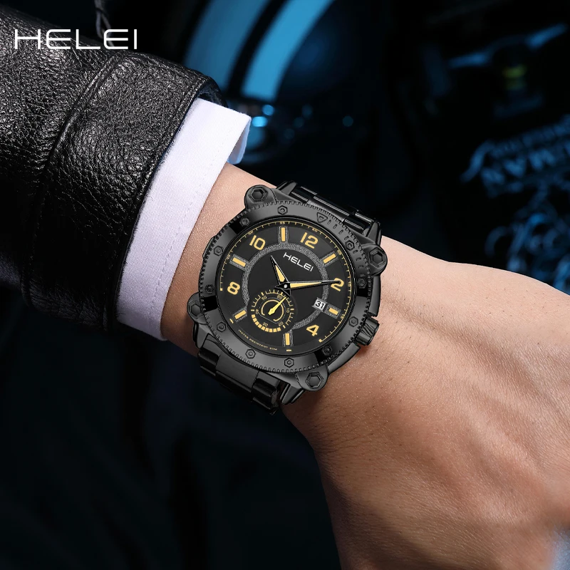 HELEI Luxury Men's Watch Stainless Steel Sport Luminous Fashion Quartz Men's Fashion Quartz Watch Waterproof Luminous