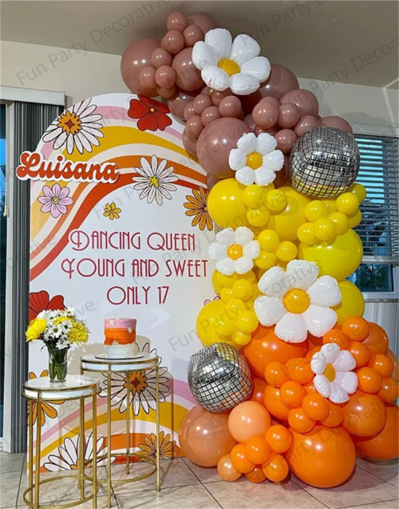 

101Pcs White Flower Daisy Theme Arch Garland Balloon Retro Pink Yellow Orange Latex Ball Kits for Birthday Anniverary Decoration