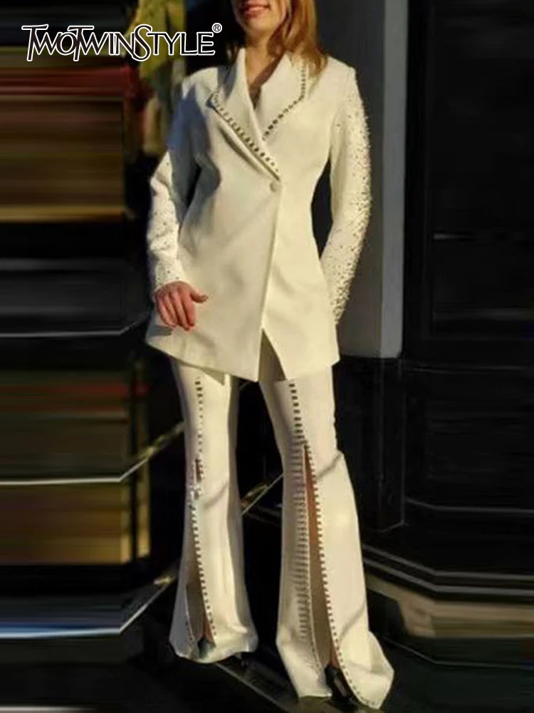 

TWOTWINSTYLE Chic Spliced Diamonds Two Piece Sets For Women Notched Collar Long Sleeve Blazer High Waist Pant Casual Set Female
