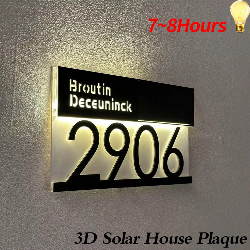 Personalized Solar House Number Light Exterior LED Light House Plaque 3D Laser Cutting Street Family Name Door Sign Gift