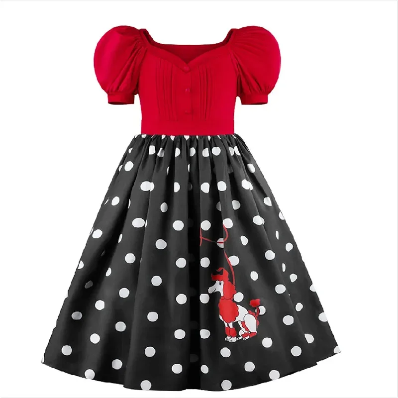 Vintage 1950er Pudelkleid für Mädchen, Sommerliches Polka-Dot-Prinzessinnenkleid mit Schals, Brille und Stirnband, Kinder-Geburtstagskleid – Detail 23