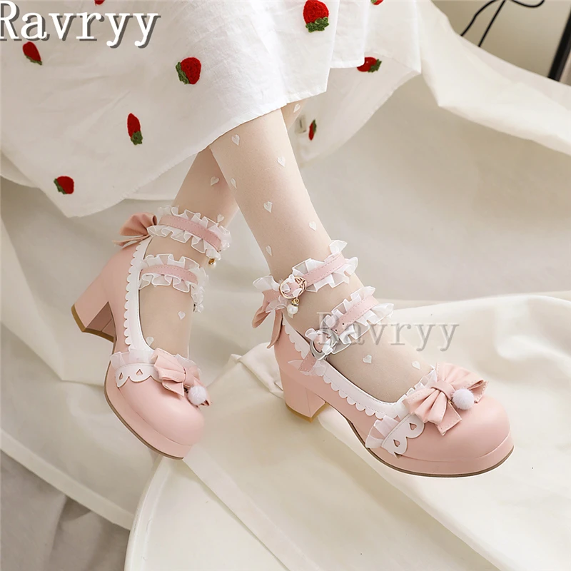

Pink Butterfly Knots Lace Mary Janes Shoes Round Toe Sweet Thick Middle Heels British Academy Style Lolita Girl's Shoes