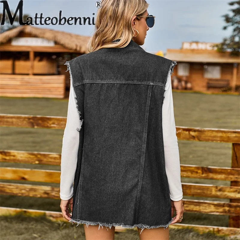 Fashion Broken Holes Shawl Denim Vest Women Single-breasted Splicing Sleeveless Jackets Female Casual Outerwear Trend Streetwear