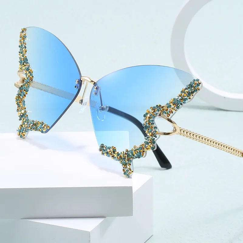 New Trendy Butterfly Ladies Sunglasses Personality Ins Diamond Sun Shades Eyeglasses Hip Hop Fashion Rimless UV400 Goggles