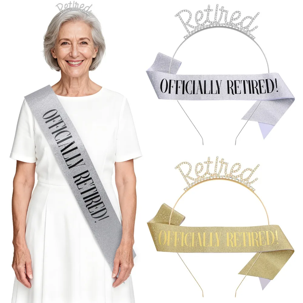 Offiziell im Ruhestand, glitzernde Schärpe und Tiara, Stirnband, Geschenke für Männer und Frauen, glückliche Ruhestandparty-Events, Dekorationen, Zubehör