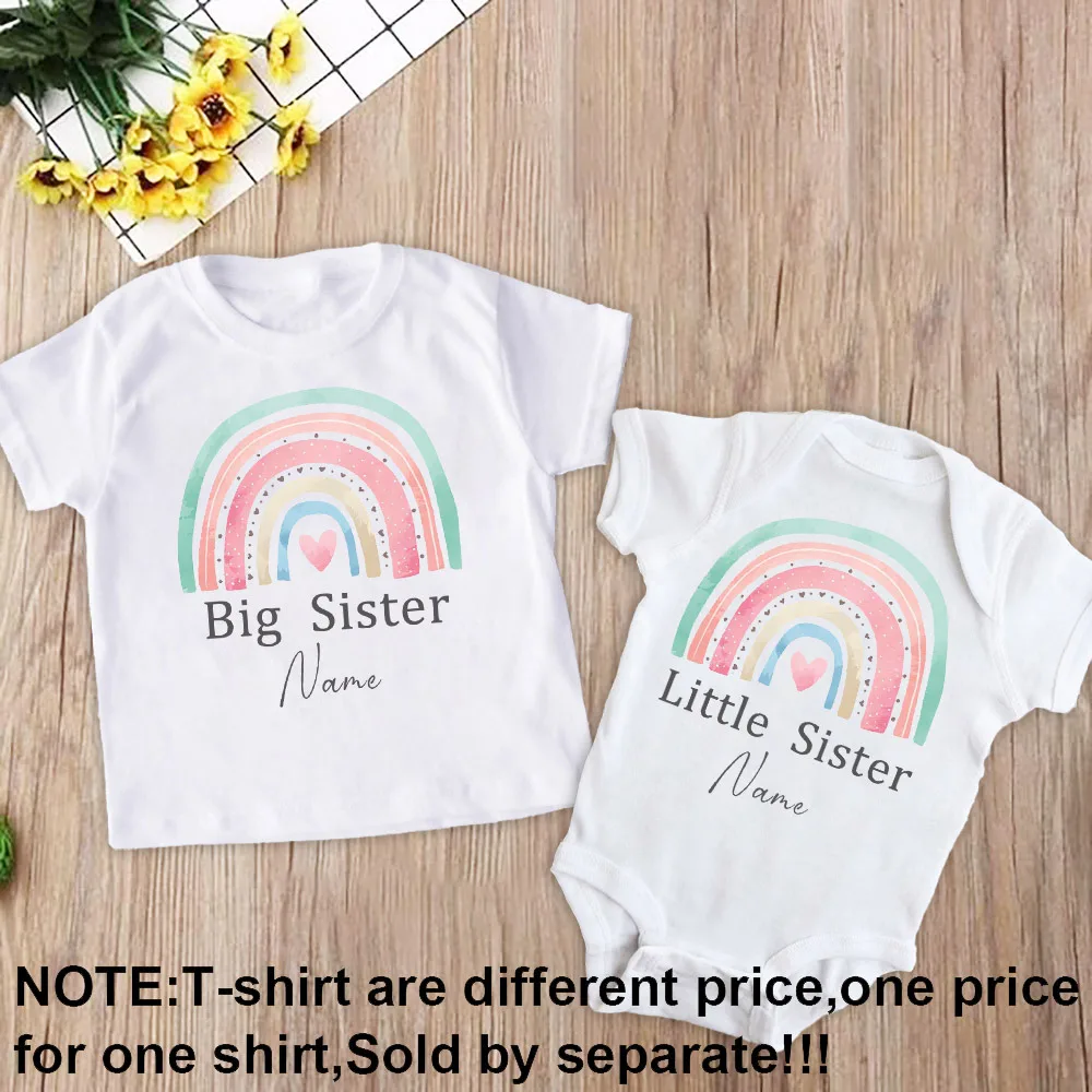 Family Matching Outfits Personalized Sisters Shirts Big Little Sister Rainbow Wreath Shirt Custom Kids T-shirt Baby Bodysuit 4