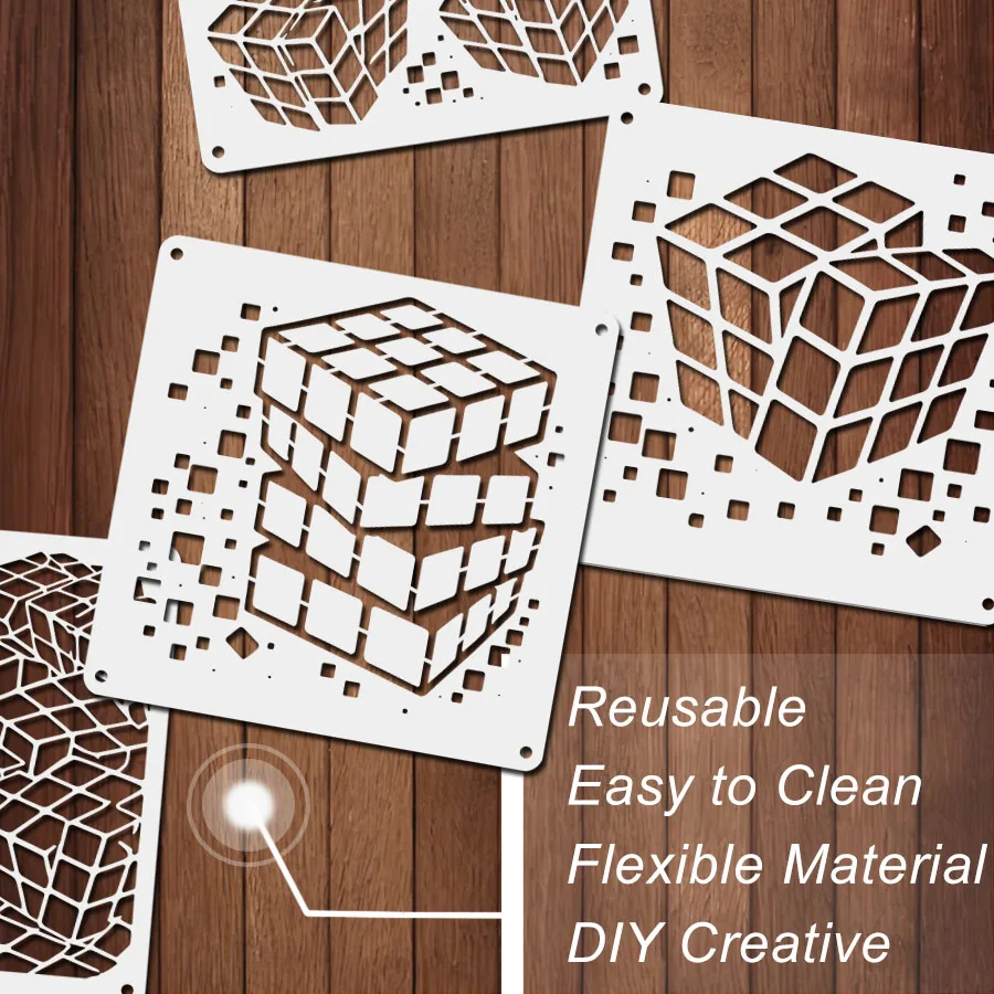 4PCS 11.8x11.8인치 기하학적 큐브 페인팅 템플릿 세트 3D 블록 컷아웃 드로잉 스텐실 DIY 패턴 디자인