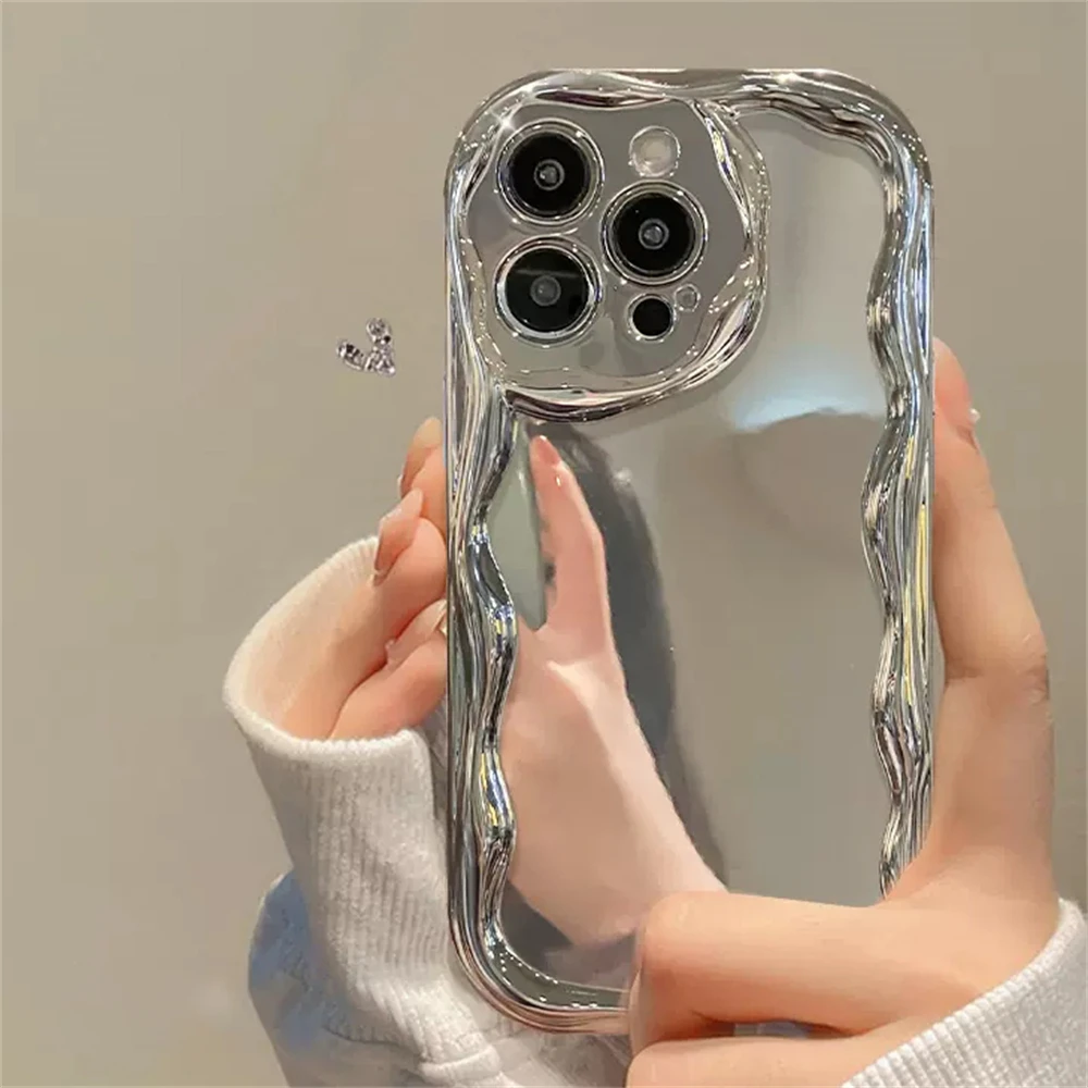 thumbnail image 1 of Luxury Plating Silver Wavy Phone Case For iPhone 15 14 13 12 11 Pro Max Mini X XS XR 7 8 Plus SE Soft Shockproof Bumper Cover, 1 of 4