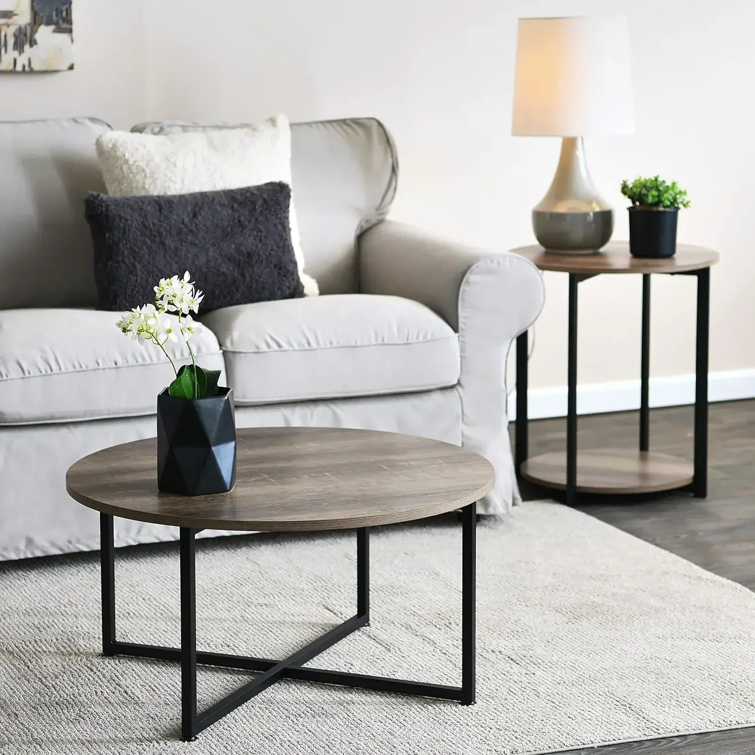 Jamestown Round Coffee Table Ashwood Rustic Wood Grain and Black Metal 31.5 x 31.5, Taupe 6