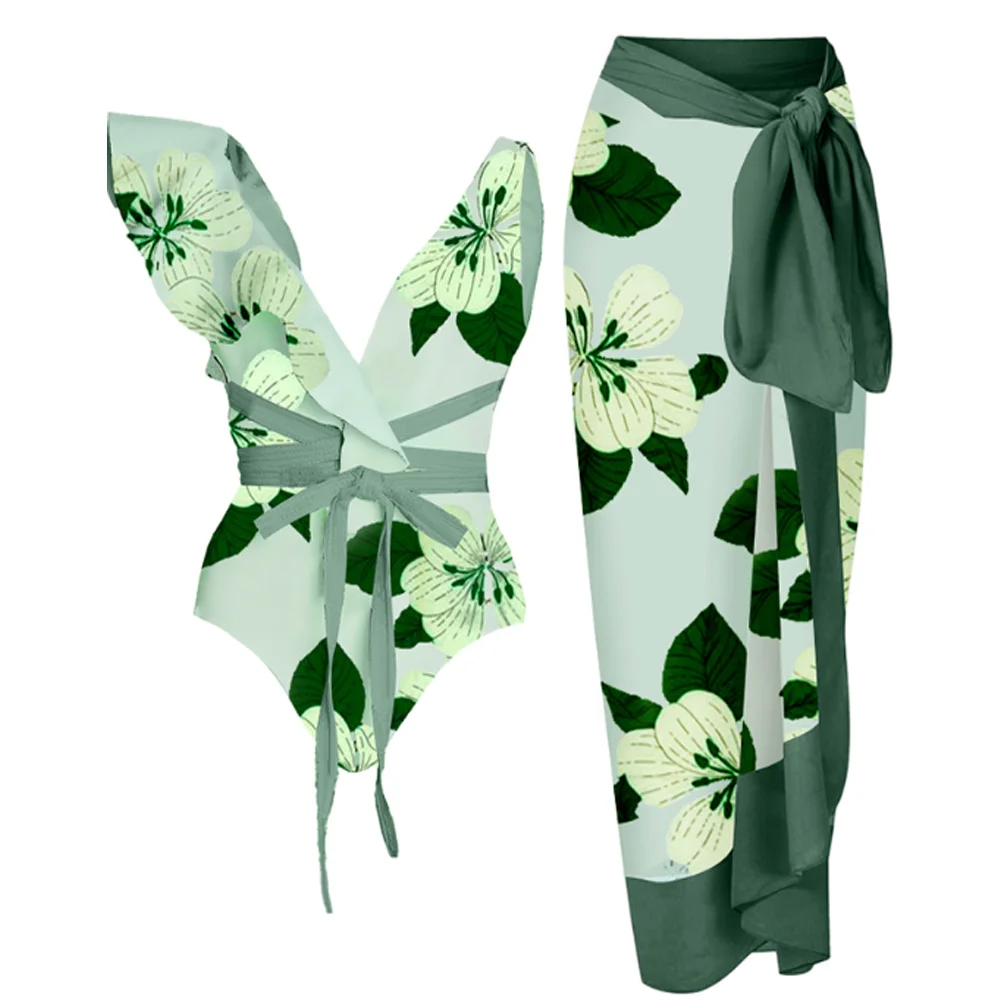

Trendy Green Floral Print V-Neck Bikini One Piece High Waist Slim Ruffle Lace Up Swimsuit and Cover Up Sexy Beachwear 2022