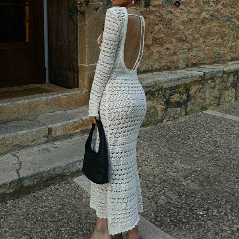 Autumn Lady Chic Crochet Knit Maxi Dress 2022 Sexy O-neck Hollow Out Party  Dress Fashion Backless Lace Up Long Sleeve Slim Dress - Dresses - AliExpress