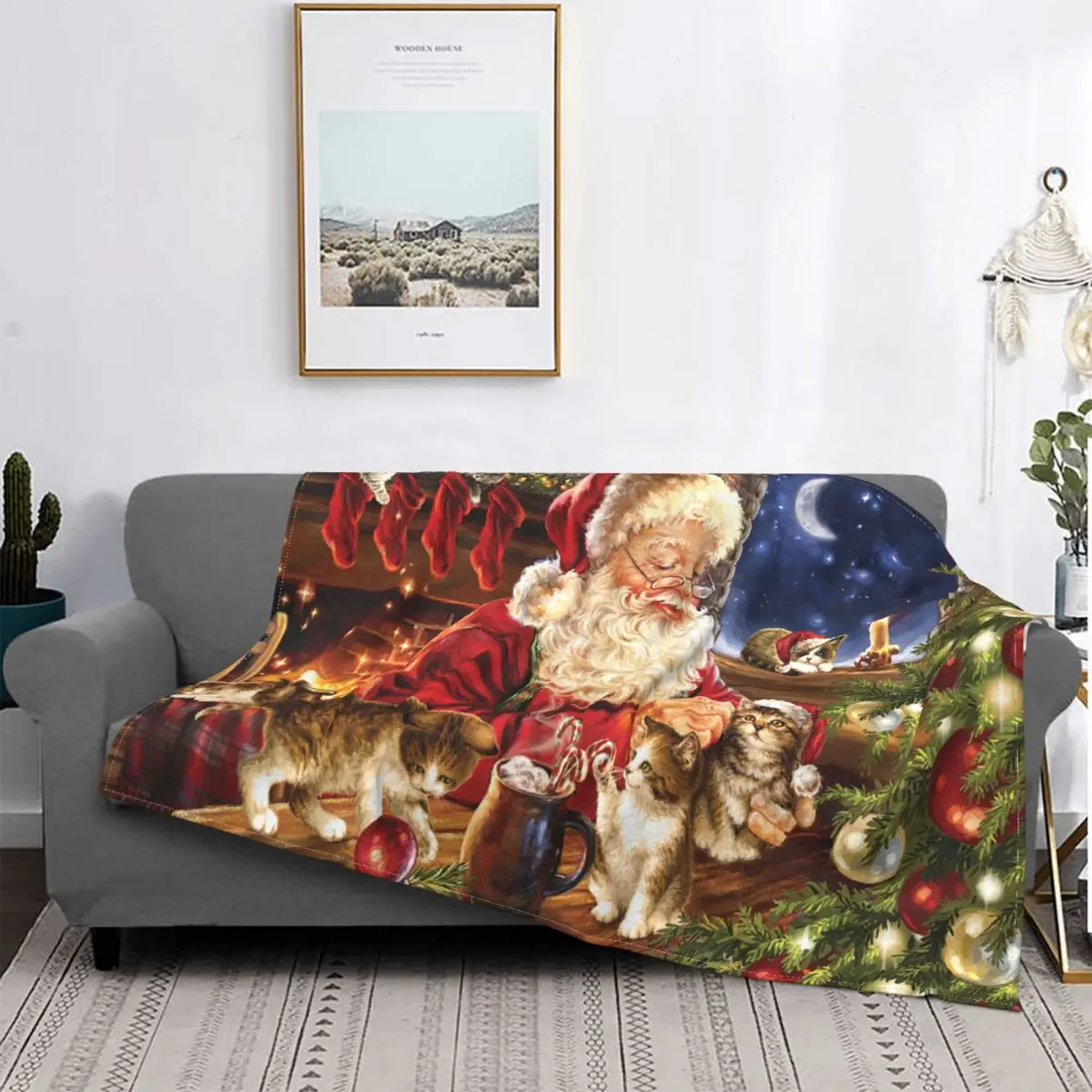 NewYearFleeceThrowBlanketsMerryChristmasSantaCuteCatBlankets