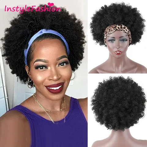 Afro Headband Wig Short Kinky Curly Wigs for Black Women Natural Black Glueless Wig with Headbands Free Attached Daily Use