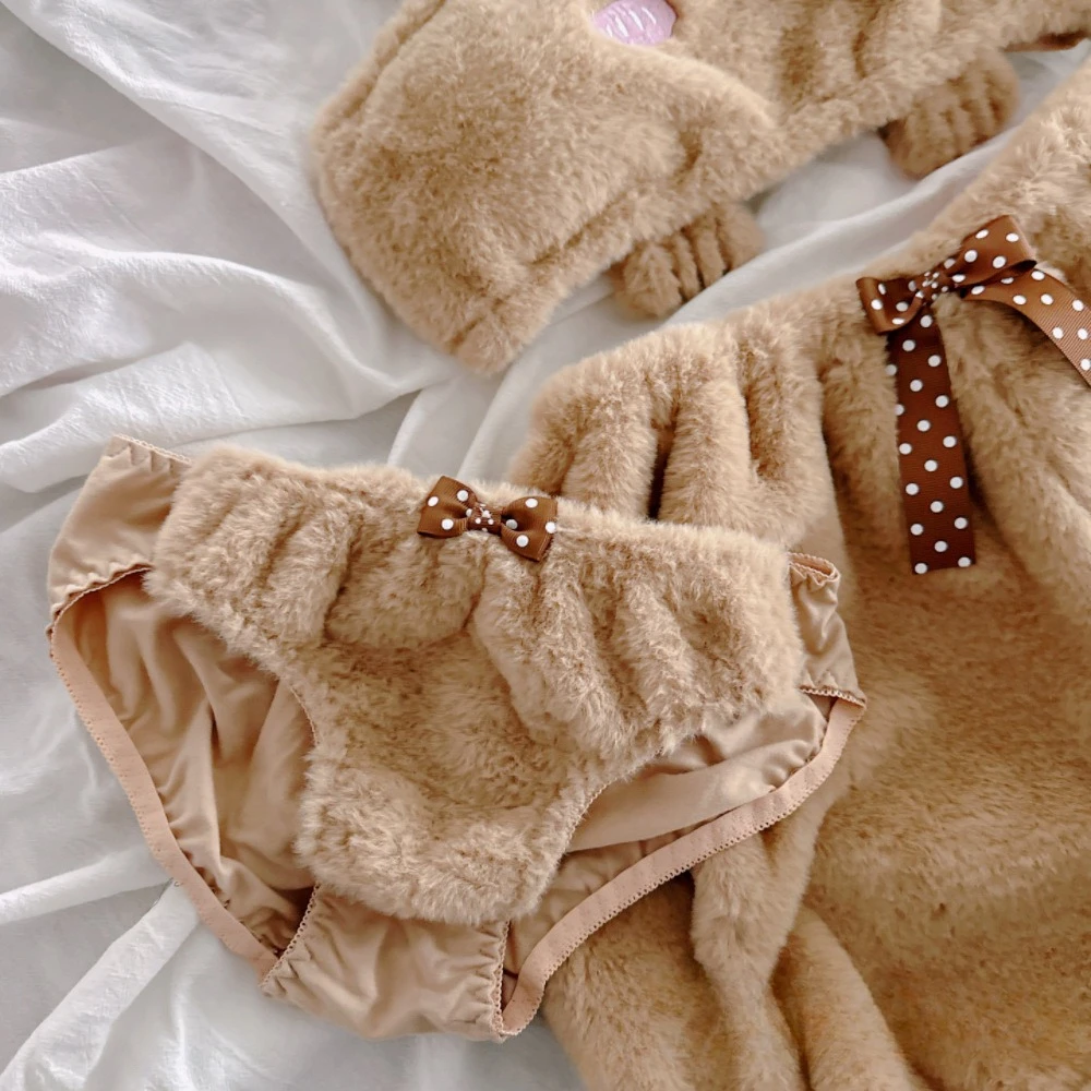 الدببة القطيفة الشتاء الدافئة الصدرية مجموعة فتاة يابانية لينة حلوة ولطيفة الكرتون اليقطين السراويل الطلاب أفخم مثير حمالات الصدر اللاسلكية رقيقة