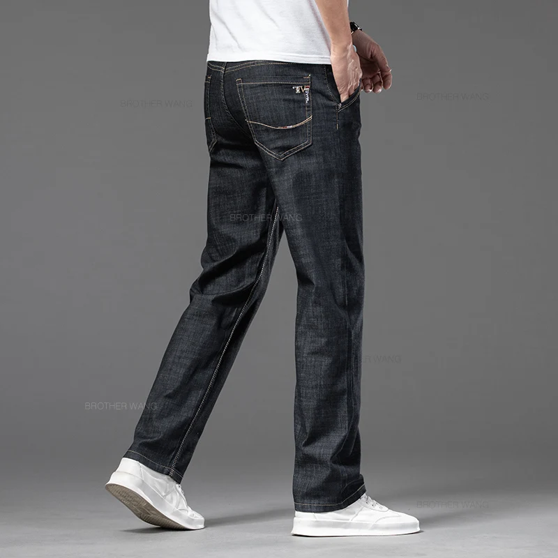Summer Thin Men's Stretch Straight Jeans Classic Black Blue Business Casual Loose Large Size Denim Pants Brand Trousers 42 44 46 5
