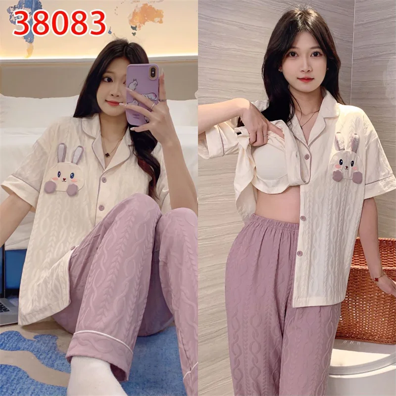 New Short Sleeve Sleepwear Women Matching Home Set Cotton Loose Sweet Cartoon Prints Leisure Thin Nightwear for Summer