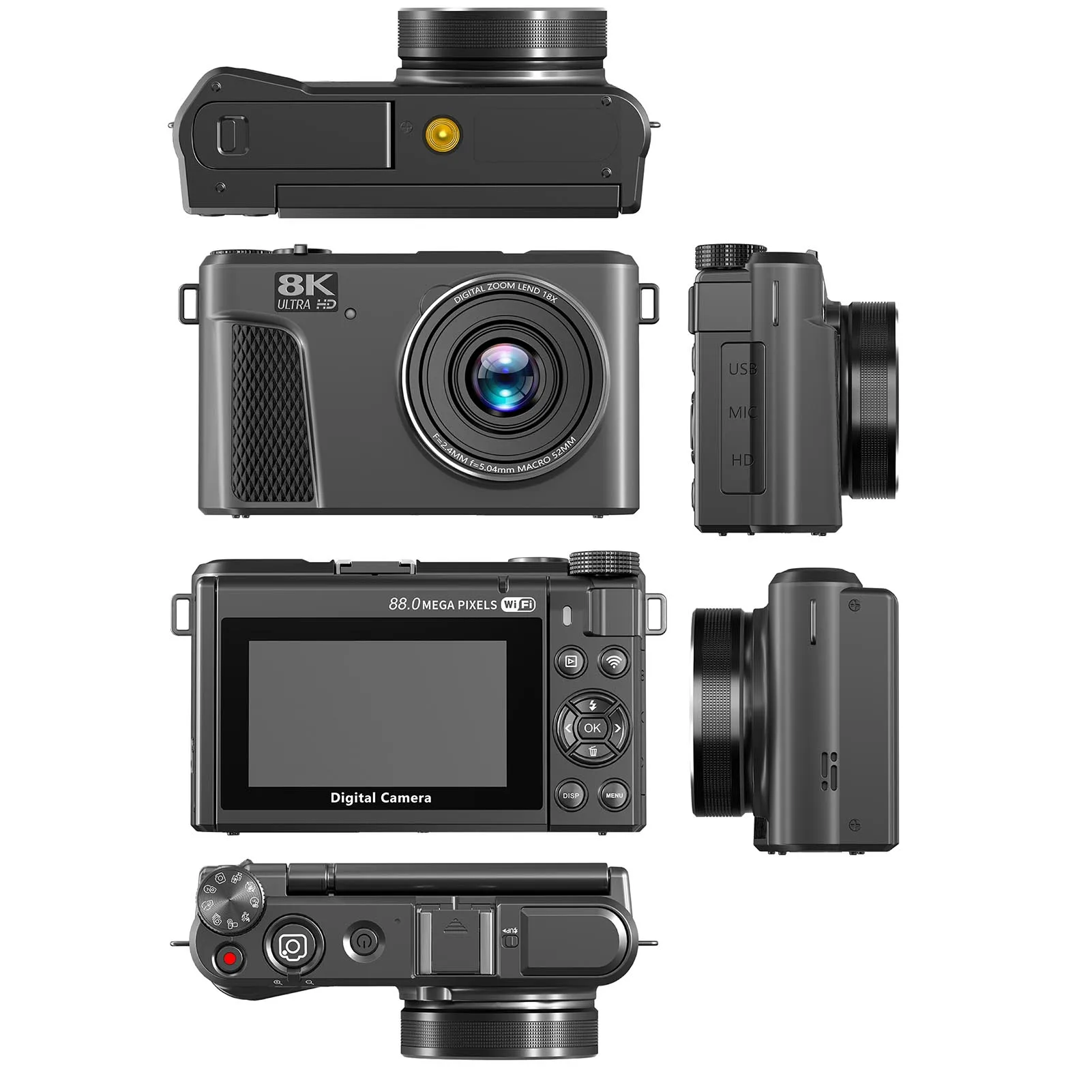 88MP 디지털 카메라 18배 줌 자동 초점 WiFi 여행용 카메라 3인치 8K 플립 스크린 전문 사진 촬영 카메라 라이브 스트리밍용