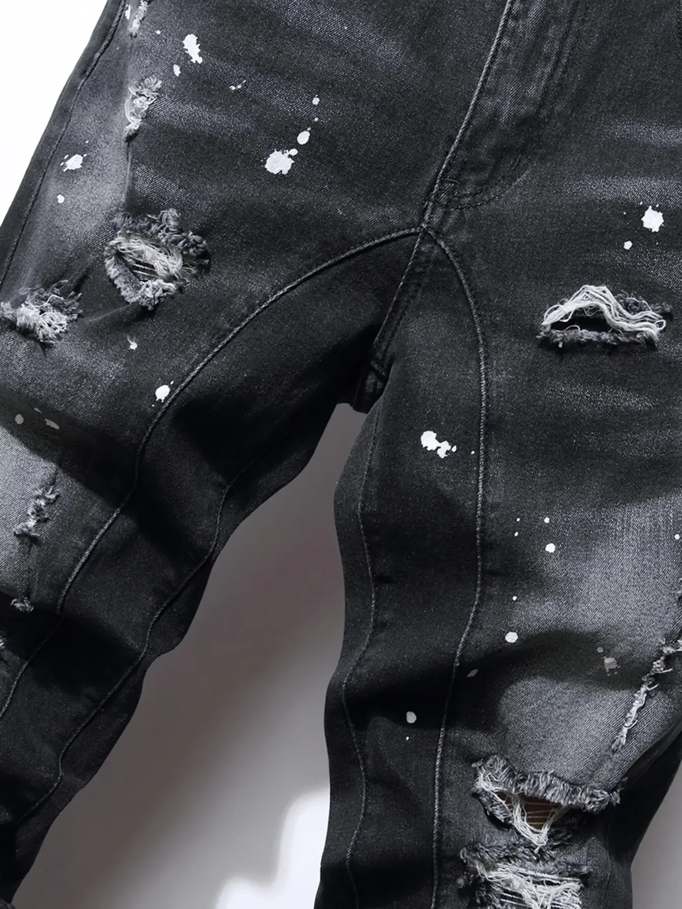Men Black Skinny Denim Spot Jeans Ripped Stretch Fit Slim Trousers Long Pants Streetwear Casual