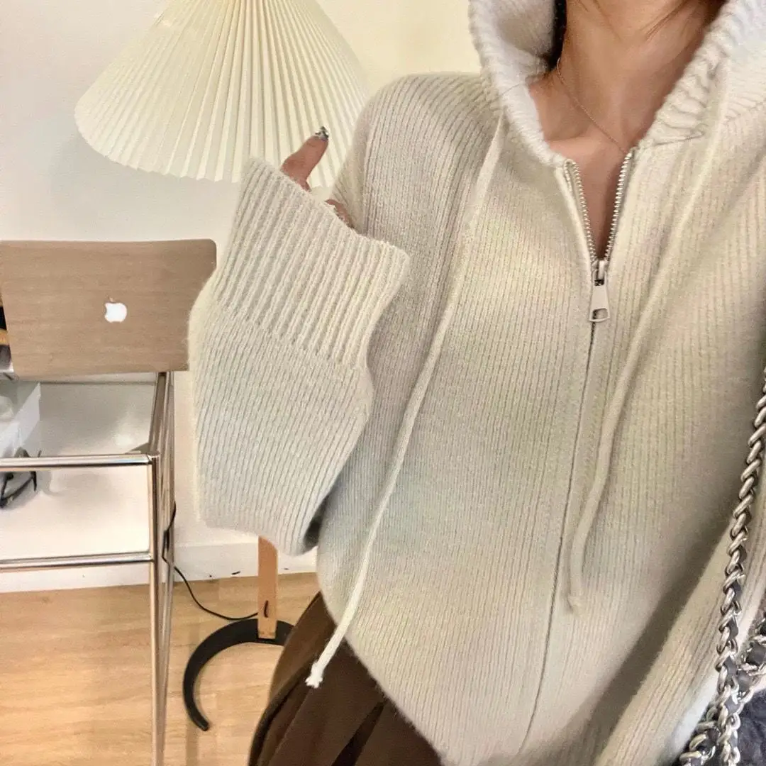 여성용 루즈 가디건, 후드 지퍼, 긴팔 상의, 한국 패션, 캐주얼 니트 스웨터, 단색 여성 점퍼, Y2k 아우터, 겨울