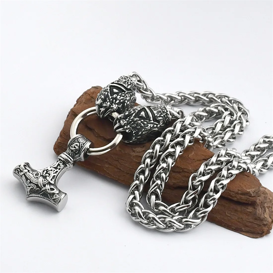 Viking Thor's Hammer Pendant Necklace Stainless Steel Bear Claw Chain Keel Chain Necklace Viking Jewelry