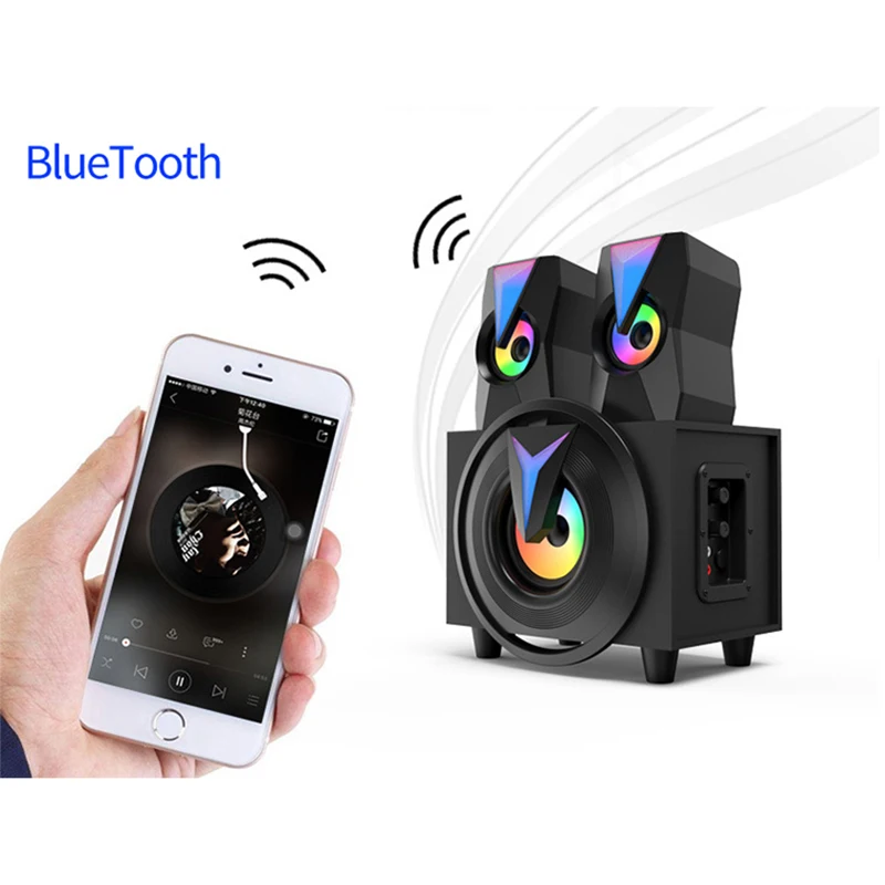 Wooden 3.5mm & Bluetooth Speaker Home Theater Subwoofer Speaker for Mobile Phone PAD TV Support SD Card Audio USB with Backlit