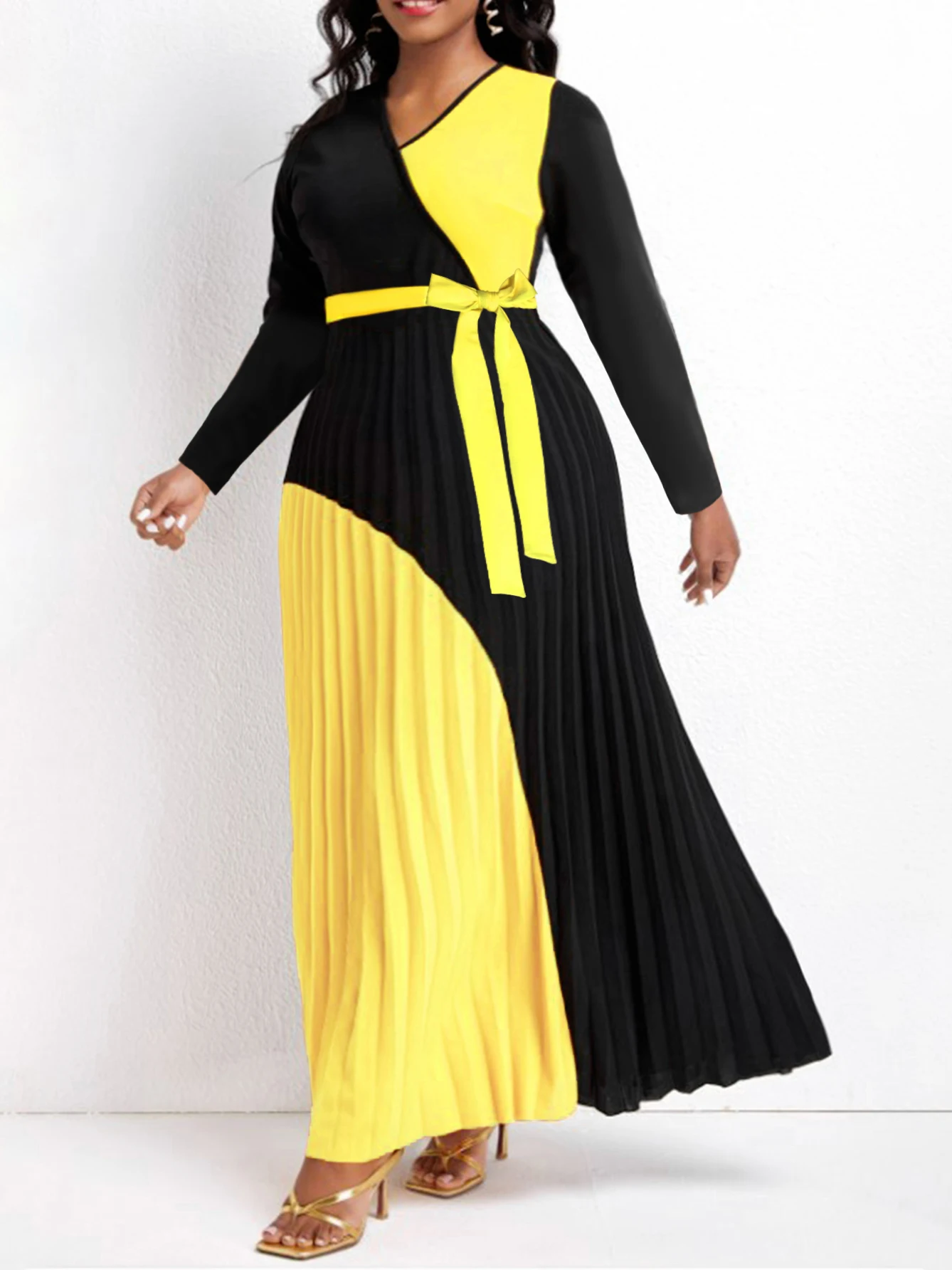 LW Plus Size Bandage Design Pleated A Line Dress Women's Wrap V Neck Casual Dresses Autumn NEW long Sleeve Tie maxi Dress