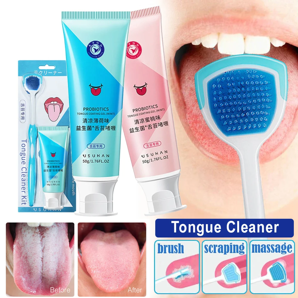 Tongue Cleaning Gel And Silicone Tongue Scraper Brush Set Tongue