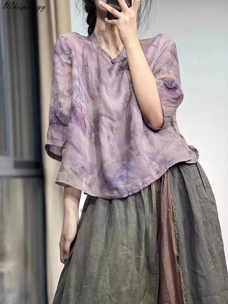 

Рубашка женская с воротником-стойкой, Тонкая блузка из рами с принтом в литературном стиле, свободная винтажная блузка в этническом стиле, лето