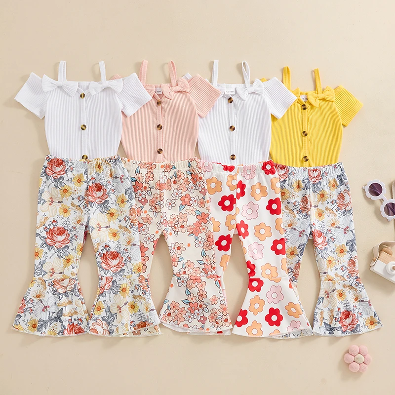 

Tregren 1-5Y Kids Girls Pants Set Short Sleeve Bow Button Closure T-shirt with Flower Print Flare Pants Summer Toddler Outfits