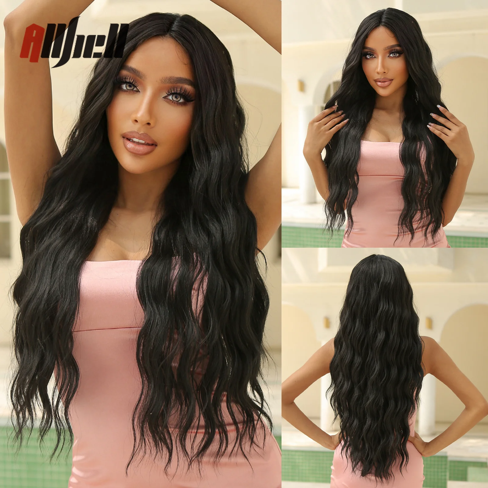 

Long Wavy Natural Black Lace Front Wig Synthetic Curly Cosplay Daily Hair Wigs for Women Middle Part Heat Resistant Fibre Wig